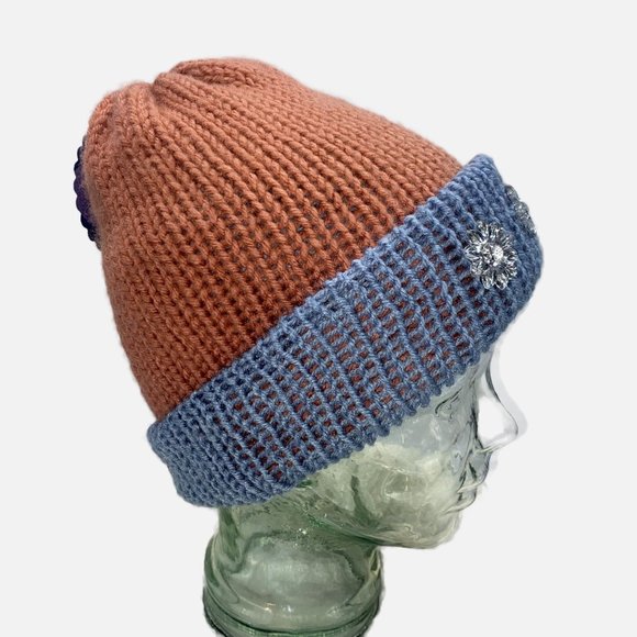 Plasma Beams Hand Knitted Mauve & Blue Daisy Beanie